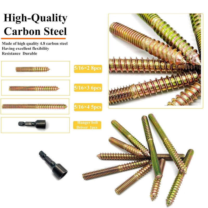 Matrelt 20Pack 5/16-18" Hanger Bolts 3Sizes 2-4 Inch Include1 pcs Hanger Bolt Driver Double Headed Bolts Wood Dowel Screw Self-Tapping Screwfor Furniture Screws Wood Screws Double Screw Threaded Rods - Image 3